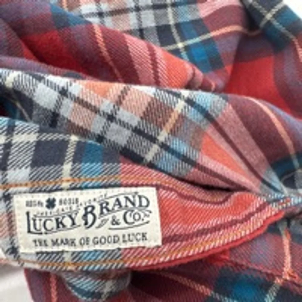 Men's LUCKY BRAND Plaid Flannel Shirt Size L Red Rust Blue - Picture 5 of 9
